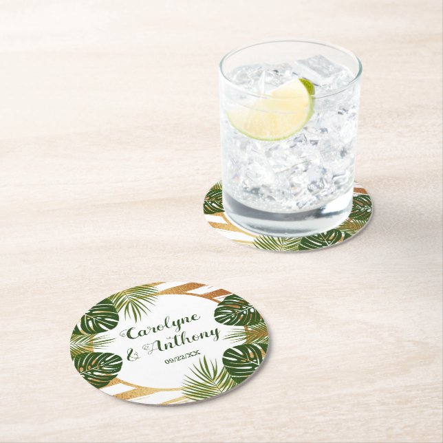 Dessous-de-verre Rond En Papier Mariage Gold Foil & Green Palm Leaf Beach (En situation)