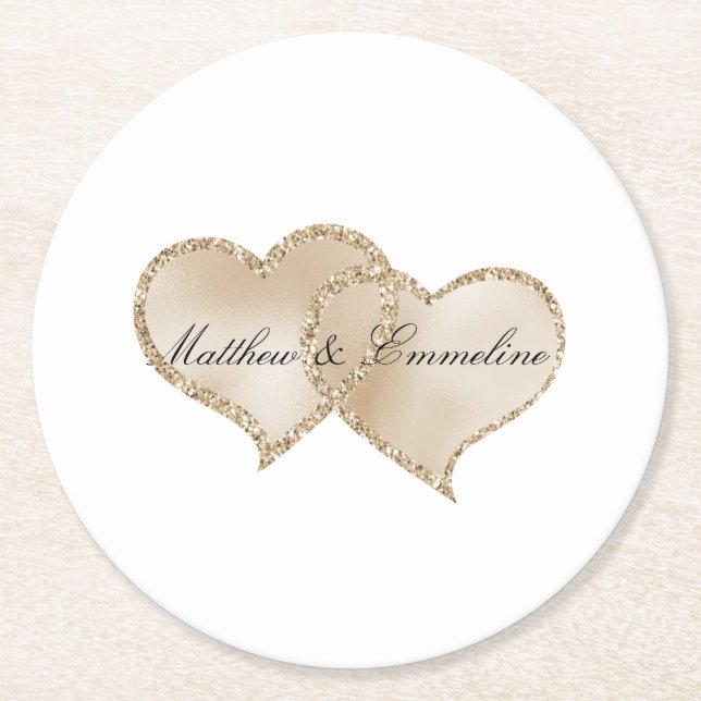 Dessous-de-verre Rond En Papier Mariage Gold Luxe Parties scintillant Glitz Hearts (Devant)
