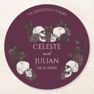 Dessous-de-verre Rond En Papier Mariage gothique floral burgundy jusqu'à la mort