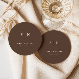 Dessous-de-verre Rond En Papier Mariage Marron Neutre Minimaliste et Chic