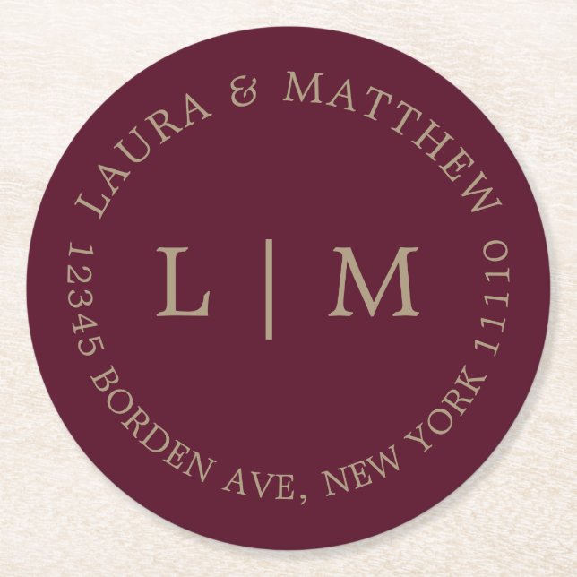 Dessous-de-verre Rond En Papier Mariage Monogram Bourgogne (Devant)