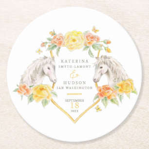 Dessous-de-verre Rond En Papier Mariage monogrammé chevaux gris et roses jaunes