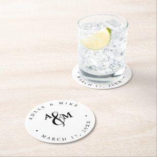 Dessous-de-verre Rond En Papier Mariage Monogramme Moderne Noir & Blanc