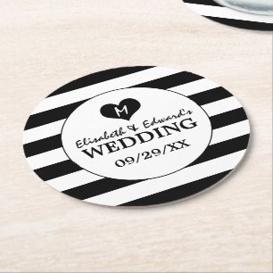 Dessous-de-verre Rond En Papier Mariage noir et blanc moderne
