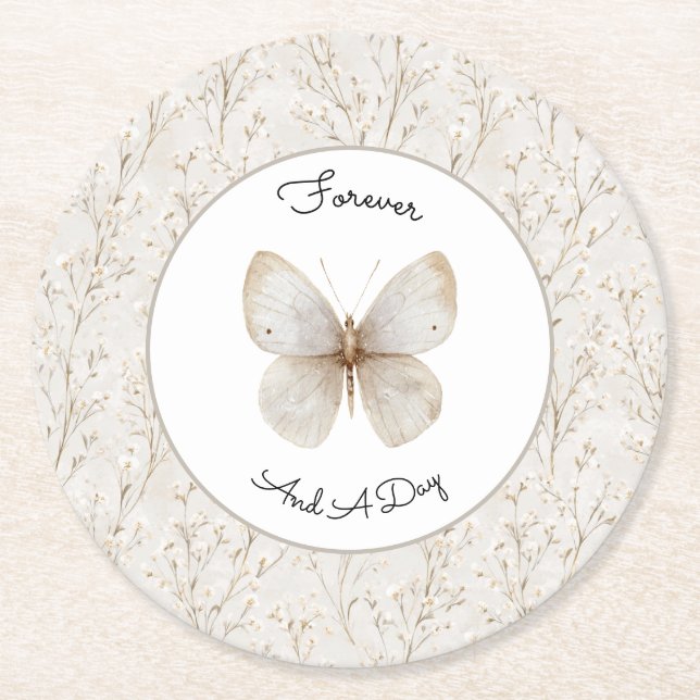Dessous-de-verre Rond En Papier Mariage Papillon Floral Blanc Crème (Devant)