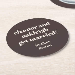 Dessous-de-verre Rond En Papier Mariage Personnalisé Moderne Brun Typographie Gras