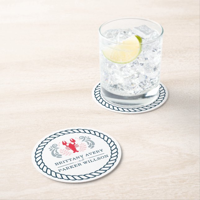 Dessous-de-verre Rond En Papier Mariage personnalisé moderne nautique (En situation)