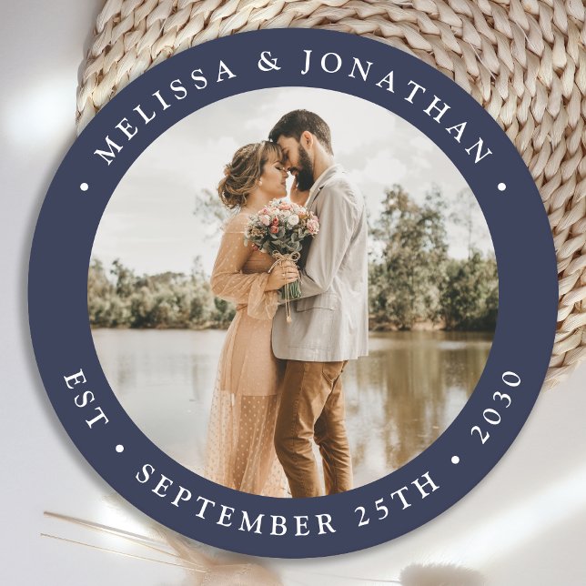 Dessous-de-verre Rond En Papier Mariage photo personnalisé moderne Simple Navy ble (Créateur téléchargé)