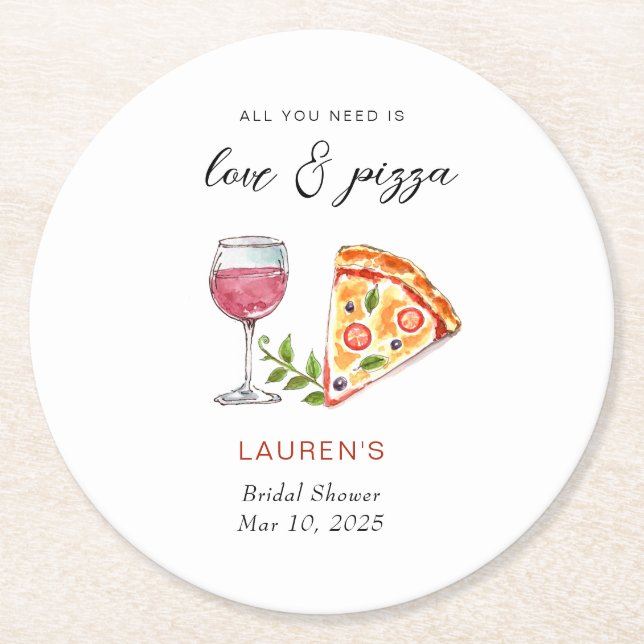 Dessous-de-verre Rond En Papier Mariage pizza et amour Shower de future mariée  (Devant)