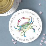 Dessous-de-verre Rond En Papier Mariage plage Crabe bleu Enregistrer la date<br><div class="desc">Mariage de plage sauf la date les dessous de verre ont été conçus en utilisant une réplique de mon crabe bleu aquarelle d'origine dans les tons bleu océan, rouge et vert. Personnalisez avec vos coordonnées de destination ou de mariage côtier. Pour en savoir plus sur les faveurs de mariage et...</div>