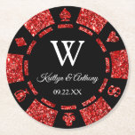 Dessous-de-verre Rond En Papier Mariage Red Parties scintillant Poker Chip Casino<br><div class="desc">Célébrez en style avec ces dessous de verre de puces de poker à la mode. Le design est facile à personnaliser avec votre propre libellé et votre famille et vos amis seront ravis de voir ces dessous de verre fabuleux.</div>