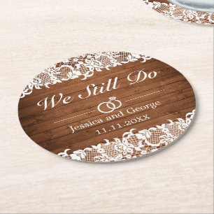 Dessous-de-verre Rond En Papier Mariage Rustic Wood & White Lace