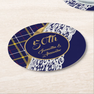 Dessous-de-verre Rond En Papier Mariage tartan bleu