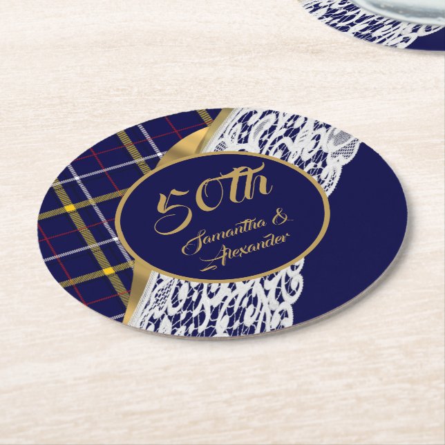 Dessous-de-verre Rond En Papier Mariage tartan bleu (Incliné)