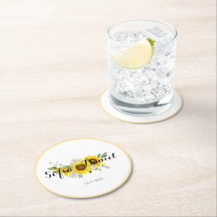 Dessous-de-verre Rond En Papier Mariage tournesol aquarelle rose blanche