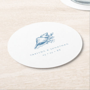 Dessous-de-verre Rond En Papier Mariage Vintage Bleu Coquillage de Mer Côté