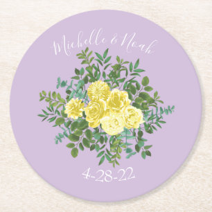 Dessous-de-verre Rond En Papier Mariage Vintage Élégant Printemps Jaune & Violet