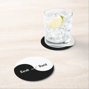 Dessous-de-verre Rond En Papier Mariage Yin Yang Simple Noir Blanc Mariée & Marié