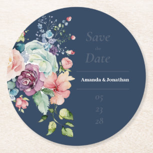 Dessous-de-verre Rond En Papier Marine Bleu Aquarelle Floral Mariage Enregistrer l
