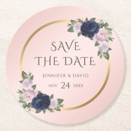 Dessous-de-verre Rond En Papier Marine Blue Gold Blush Wedding Enregistrer La Date