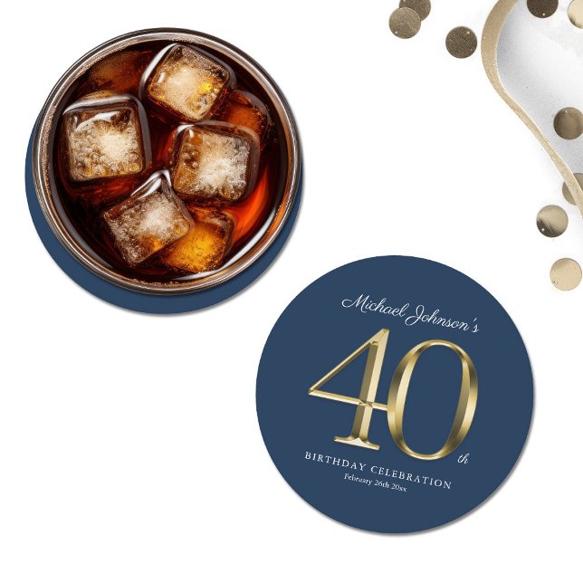Dessous-de-verre Rond En Papier Marine Blue Gold Custom 40e fête d'anniversaire (Navy Blue Gold Custom 40th Birthday Party Round Paper Coaster)