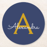 Dessous-de-verre Rond En Papier Marine Blue Gold Modern Script Girl Monogramme Nom<br><div class="desc">Dessous de verre en papier pour monogramme simple bleu marine et or. Cela fait le cadeau parfait de remise de diplômes,  anniversaire,  mariage,  douche nuptiale,  anniversaire,  baby shower ou bachelorette pour quelqu'un qui aime le luxe glam et les styles chic.</div>