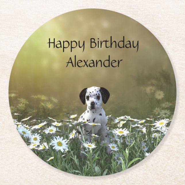 Dessous-de-verre Rond En Papier Marionnette dalmate mignonne dans les marguerites (Devant)