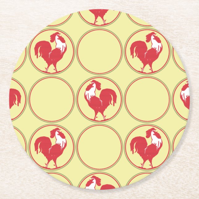 Dessous-de-verre Rond En Papier Médaillon de coq rouge Motif sur Jaune (Devant)