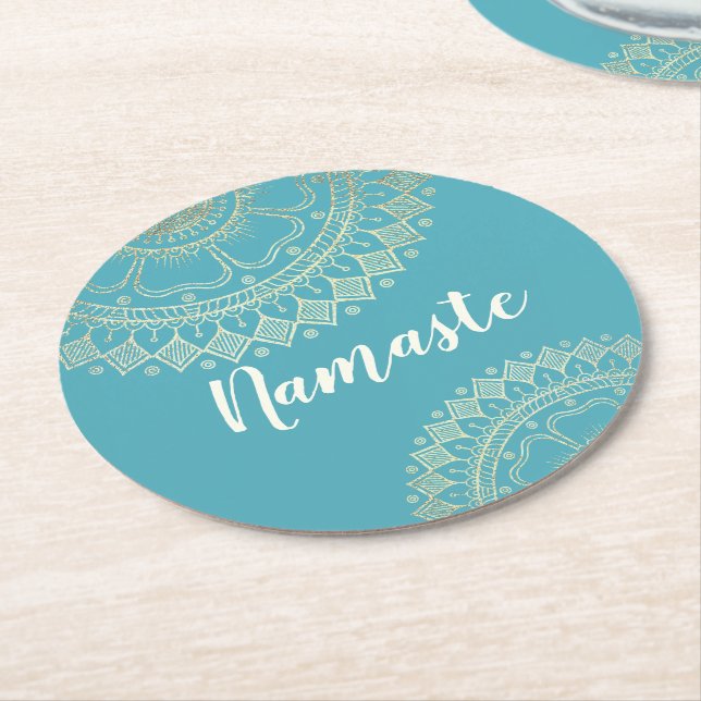 Dessous-de-verre Rond En Papier Méditation Yoga Instructeur Vert Bleu Or Mandala (Incliné)
