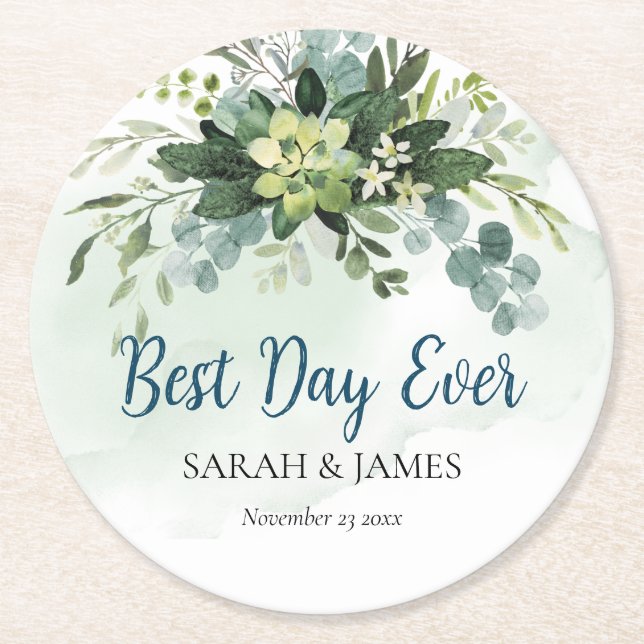 Dessous-de-verre Rond En Papier Meilleur Jour Jamais Succulent Mariage Floral Bota (Devant)