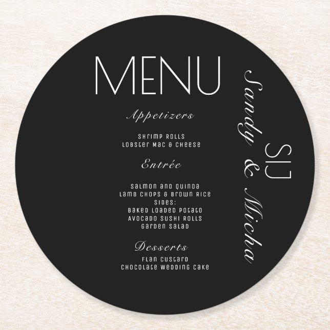 Dessous-de-verre Rond En Papier Menu de dîner de mariage simple noir et blanc   (Devant)