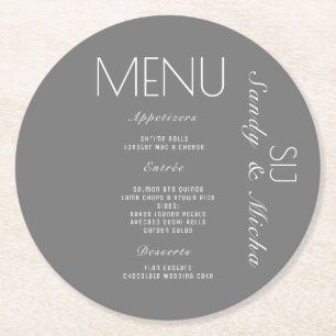 Dessous-de-verre Rond En Papier Menu de dîner de mariage Simple Script Gris