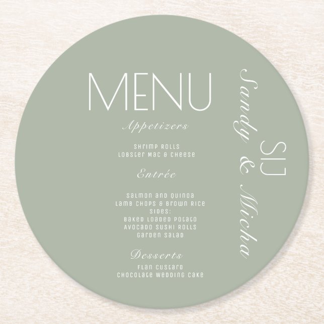 Dessous-de-verre Rond En Papier Menu de dîner de mariage Simple Script Sage (Devant)