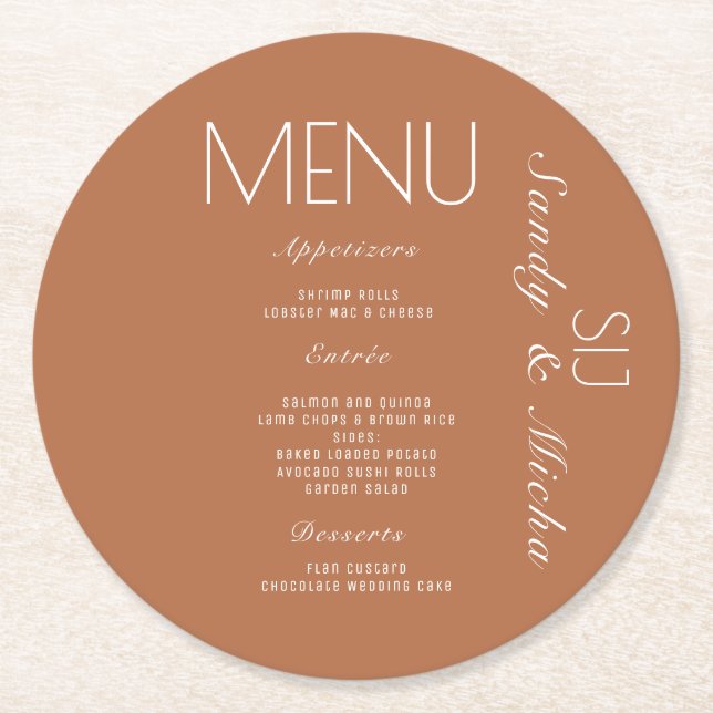 Dessous-de-verre Rond En Papier Menu Dîner Mariage Simple Script Terracotta (Devant)