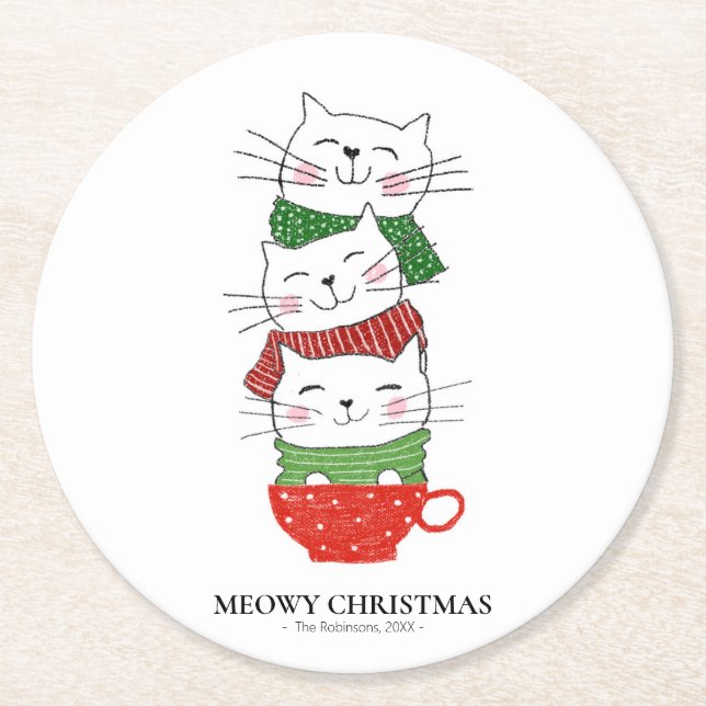 Dessous-de-verre Rond En Papier MeowChristmas Trois Chats Écharpes Coupe Écharpe D (Devant)