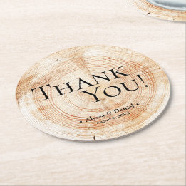 Dessous-de-verre Rond En Papier Merci de grain de bois Mariage rustique Favoriser