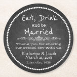Dessous-de-verre Rond En Papier Merci Mariage Chalkboard Favoriser Dessous de verr<br><div class="desc">Fun vintage d'inspiration Chalkboard look typographie mariage préférer dessous de verre en papier,  avec un périmètre en pointillé blanc et texte blanc lecture manger,  boire et être marié. Le texte blanc personnalisé,  en bas de la moitié des dessous de verre,  est prêt à être personnalisé pour votre mariage.</div>