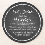 Dessous-de-verre Rond En Papier Merci Mariage Chalkboard Favoriser le Dessous de v<br><div class="desc">Fun vintage d'inspiration Chalkboard look typographie mariage préférer dessous de verre en papier,  avec un périmètre en pointillé blanc et texte blanc lecture manger,  boire et être marié. Le texte blanc personnalisé,  en bas de la moitié des dessous de verre,  est prêt à être personnalisé pour votre mariage.</div>