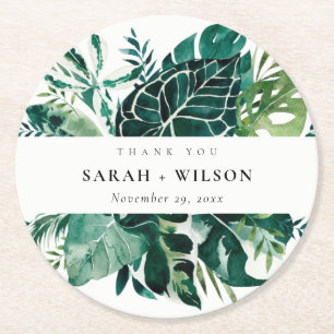 Dessous-de-verre Rond En Papier Merci Mariage de feuillage vert de Monstera Tropic