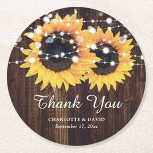 Dessous-de-verre Rond En Papier Merci Mariage de tournesol en bois rustique