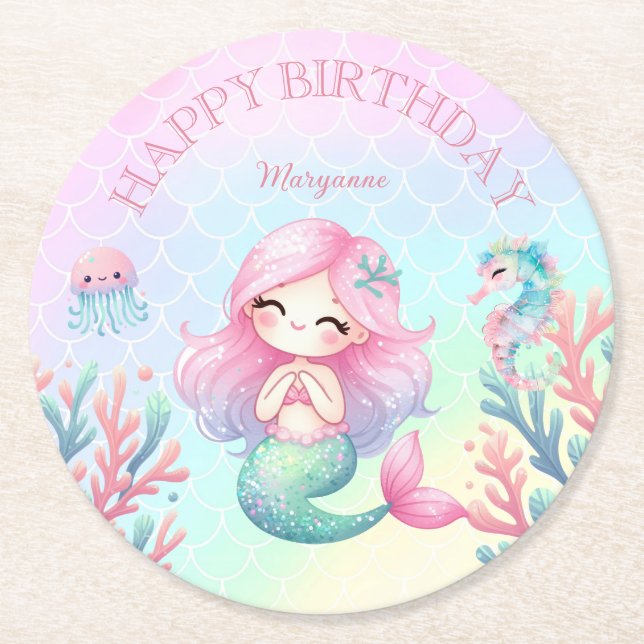 Dessous-de-verre Rond En Papier Mermaid Tail Teal Pink Girly Birthday Party (Devant)