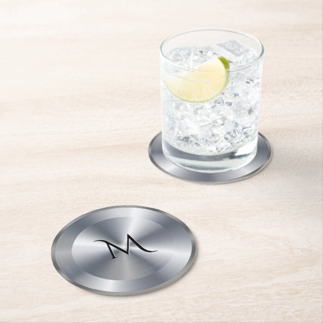 Dessous-de-verre Rond En Papier Metallic silver texture personalized monogram (En situation)