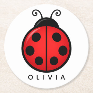 Dessous-de-verre Rond En Papier Mignonne coccinelle rouge personnalisée avec nom -