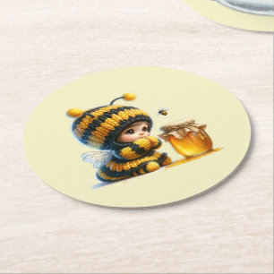 Dessous-de-verre Rond En Papier Mignonne fille en costume d'abeille avec miel