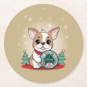Dessous-de-verre Rond En Papier Mignonne French Bulldog Drôle Nouvel An fête de la