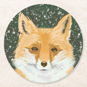 Dessous-de-verre Rond En Papier Mignonne Petit Renard Rouge - dans la neige.