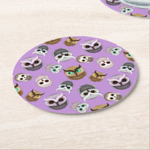Dessous-de-verre Rond En Papier Mignons hiboux sur fond violet