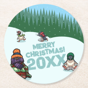 Dessous-de-verre Rond En Papier Mignons manchots ajoutent l'année Joyeux Noël ! Hi