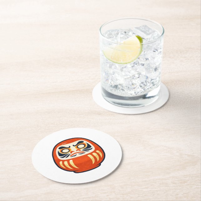 Dessous-de-verre Rond En Papier Minimal Daruma – Japanese Folk Art Coaster (En situation)