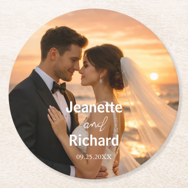 Dessous-de-verre Rond En Papier Minimalist Sunset Beach Romantic Wedding Vows  (Devant)